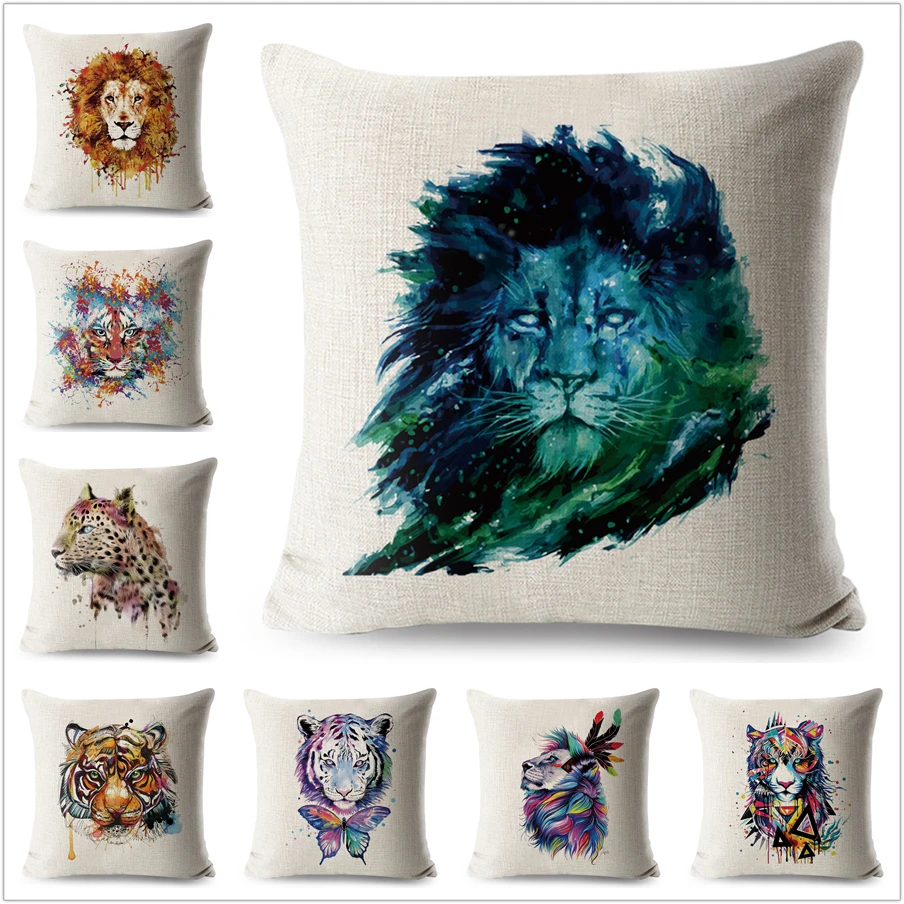 

Watercolor Cartoon Colourful Animals Pillow Case Linen 45*Decorative Cushion Cover for Sofa Home Lion Tiger Throw Pillowcase