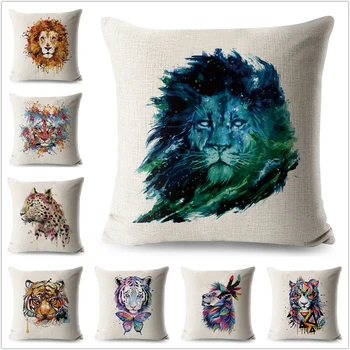 

Watercolor Cartoon Colourful Animals Pillow Case Linen 45*Decorative Cushion Cover for Sofa Home Lion Tiger Throw Pillowcase