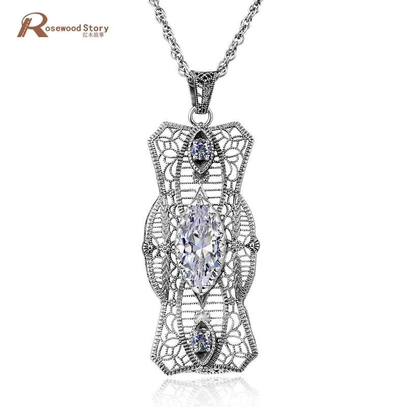 

European Antique Charm 925 Sterling Silver Cubic White Zirconia Solitaire Pendant Necklace Fashion Jewelry For Women and Girls