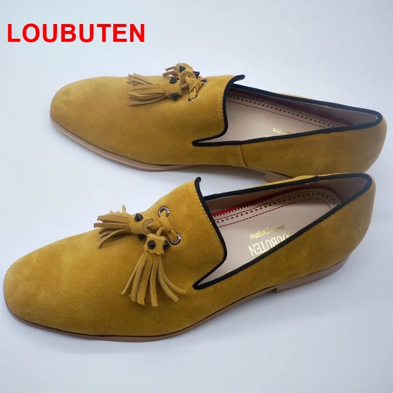 LOUBUTEN Yellow Suede Loafers Tassels Men's Moccasins Slippers Smoking Man Flats Casual Shoes Genuine Leather Handmade Shoes LOUBUTEN Yellow Suede Loafers Tassels Men's Moccasins Slippers Smoking Man Flats Casual Shoes Genuine Leather Handmade Shoes