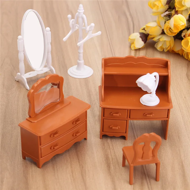 

New Vintage Miniature Bedroom Furniture Set Dresser Desk Mirror Furniture Toys Set for Kids Christmas Gift Dollhouse Accessories