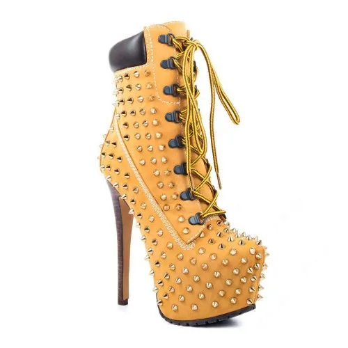 2016 Fashion Women Ankle Boots Round Toe Rivets Lace up Ankle Boots Yellow Motorcycle Boots Zapatos Mujer Graceful Ladies