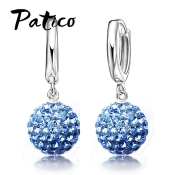 PATICO Hot Sale Multi Colors 1 Pair Real Pure 925 Sterling Silver Austrian Pave Disco Ball Hoop Lever back Earring Woman Jewelry