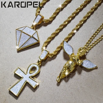 

Karopel Hip Hop Jewelry Bling Iced Out Golden Praying Angel Wings / Arabic Allah Charm Pendant Necklace Rope Chain 4mm 24"