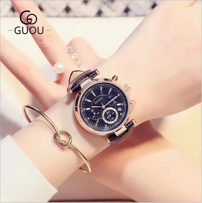 

GUOU Watches Women Fashion Leather Auto Date Women's Watch Multi-runtioan Luxury Ladies Clock saat relogio feminino reloj mujer