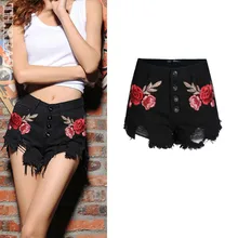 ZHANGCHUNHUA Vintage Floral Embroidery Shorts Women Flower Red Embroidered Shorts No Stretch High Waist Jeans Black Short Female