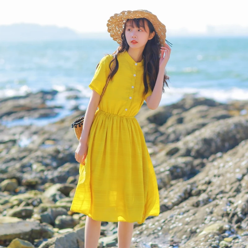 

Mori Girl Summer Women Yellow Dress Stand Collar Casual Loose A-Line Solid Vestidos Femininos Short Sleeve Gorgeous Sweet Dress