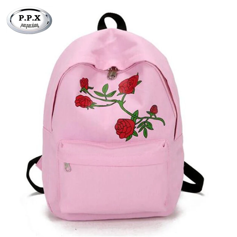 Fashion Embroidery Girl Canvas Bag Women Backpack Rose Flowers Female