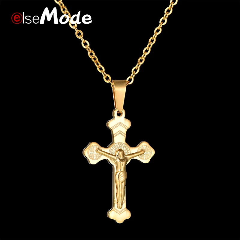 ELSEMODE крест кулон ожерелье Распятие Иисуса Золото Цвет Нержавеющая сталь мужские цепи католические украшения Рождественские подарки