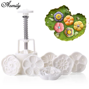 

Aomily 6 Stamps Flower Moon Cake Mold Chinese Mid Autumn Festival Mould Set Hand Press Plunger DIY Baking Decorating Tools Gift