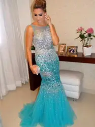 Роскошные 2018 Русалка Celeberity вечернее платье кристалл платья на выпускной из тюлевой ткани длинные для женщин официальная Вечеринка vestidos De