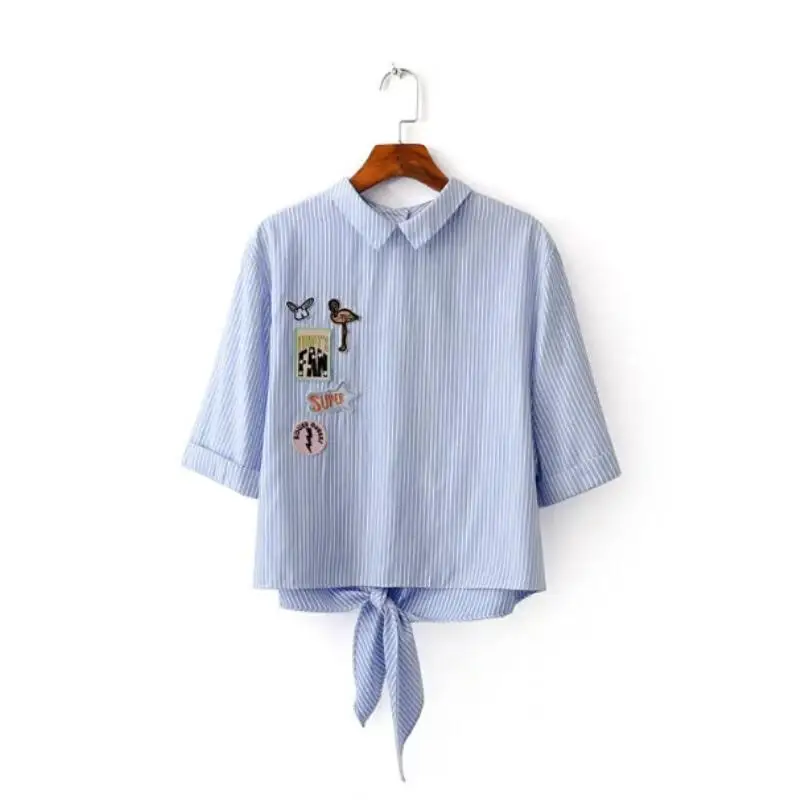 

Fashion Women Knotted hem Patch decoration stripe Shirts Short sleeve blouse Casual Loose Tops Blusa Feminina S887