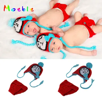 

Unisex Newborn Baby TWINS Photography Props Crochet Baby Earflap Hat&diaper Set Knitted Twins Clothing Set For Photo MZS-16014