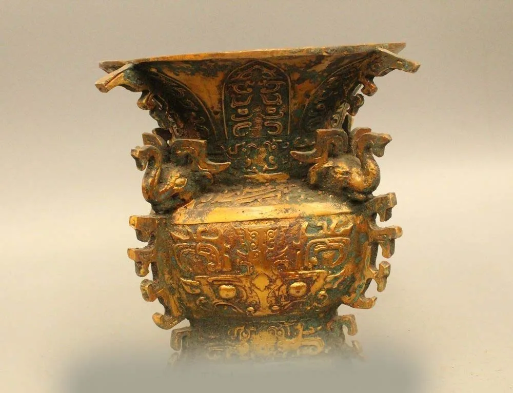 

DS 9" Ancient Chinese Dynasty Palace Bronze Gild Bird Elephant Lion Flower Bottle V