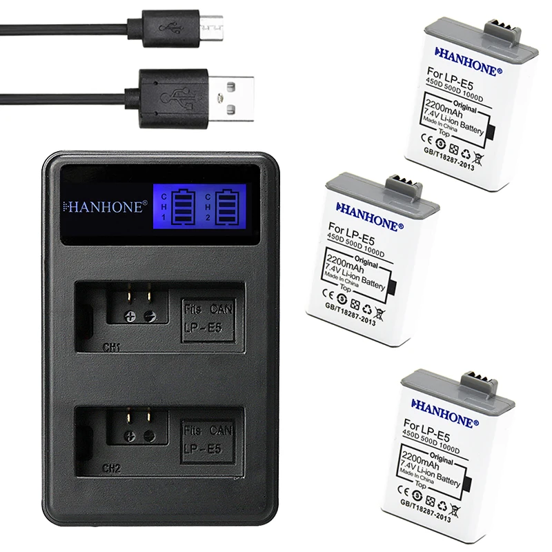 LCD двойное зарядное устройство + 3 шт. 2200 мАч LP E5 батарея LPE5 камера для Canon EOS 450D 500D