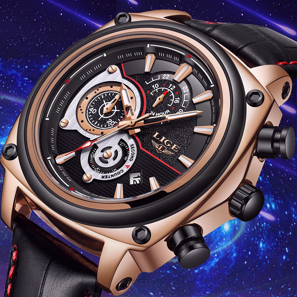 

LIGE Mens Watches Top Brand Luxury Men's Military Sports Watch Men Leather Large Dial Waterproof Quartz Watch Relogio Masculino