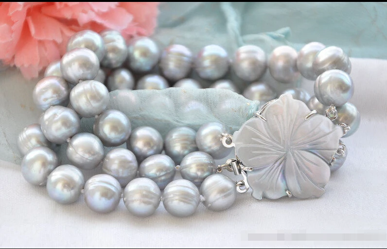 

Z5960 3strands 12mm gray round freshwater pearl bracelet 8inch @^Noble style Natural Fine jewe SHIPPING 6.2