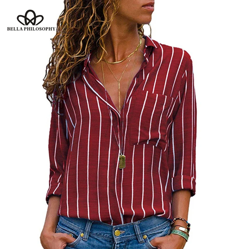 Wonder 2019 new spring Casual Striped V-Neck Blouse Long Sleeve Plus Size Lady Shirt Blusas Vintage Tops chemise femme S-5XL