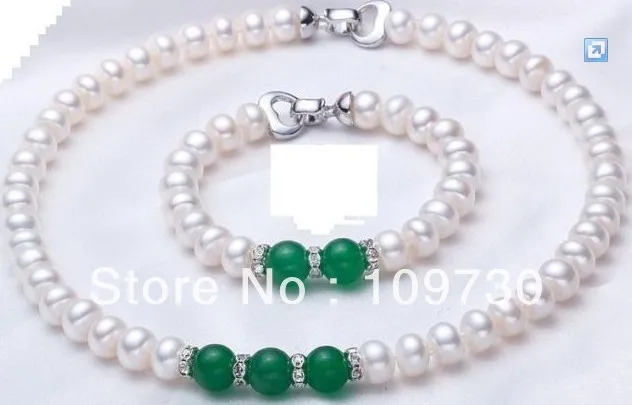 

Jewelry 00406 Natural 9-10mm white AAA+ pearl&jade necklace/bracelet sets(3length can choose)
