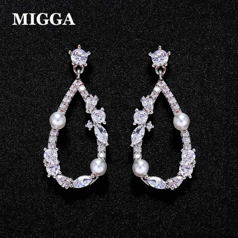

MIGGA Korean New Style Simulated Pearl Zirconia Crystal Water Drop Earrings Fashion Women Party Gift Jewelry