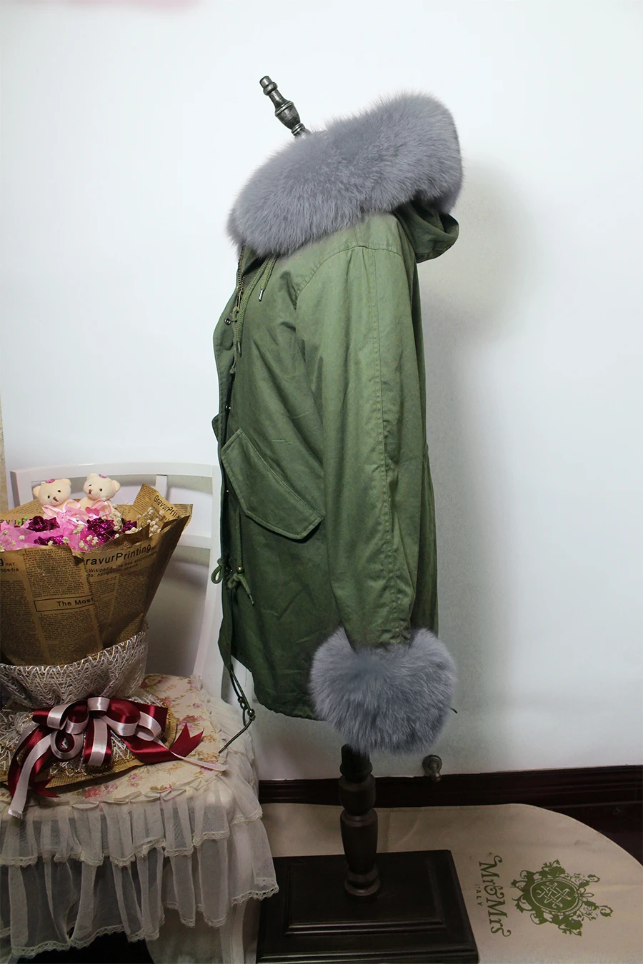 Vert Femmes yellow red Renard De Réel Longue Parka Avec Dark Armée Lapin Patte beige Manteau wine Rex Pj6007 pink Fourrure orange Green Doublure rose black Modèle Capot white dark gray Qiuchen brown blue Blue Et SOgq77