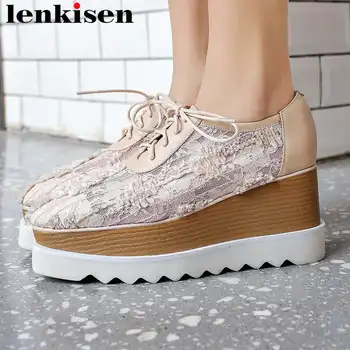 

Lenkisen Punk European style cow leather lace wedges high heels lace up pumps square toe plus size waterproof casual shoes L10