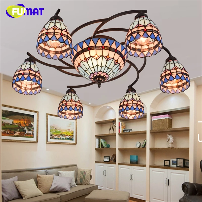 

FUMAT Tiffany Mediterranean Blue Shade Chandeliers Baroque Stained glass Light For Living Room Lamp European LED Chandelier