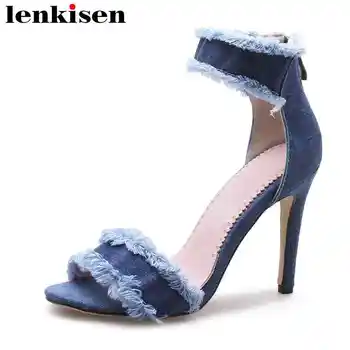 

Lenkisen high street fashion denim pu plus size peep toe shallow super high thin heels solid wedding mature women sandals L9f9