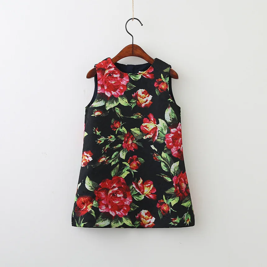 

Girls Floral Jacquard Cartoon Dress Sweet Children Sleeveless Vintage Classic Western Fashion Princess Holiday Party Dress