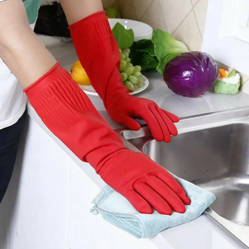 Красные кухонные перчатки для мытья посуды моющиеся перчатки водонепроницаемый, с длинными рукавами резиновые перчатки из латекса инструмент