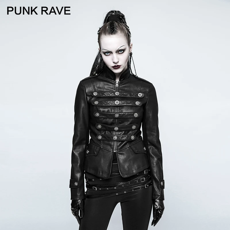 

PUNK RAVE Punk Rock Women Biker Leather Short Jacket Halloween Christmas Party Buckle Loop Military Uniform PU Black Coat Winter