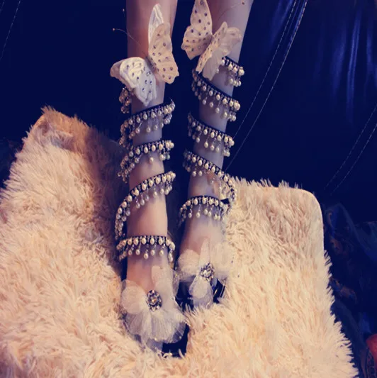 

2016 spring and summer high quality bandage spirally-wound female sandals butterfly pearl sew-on drill flatbottomed women's