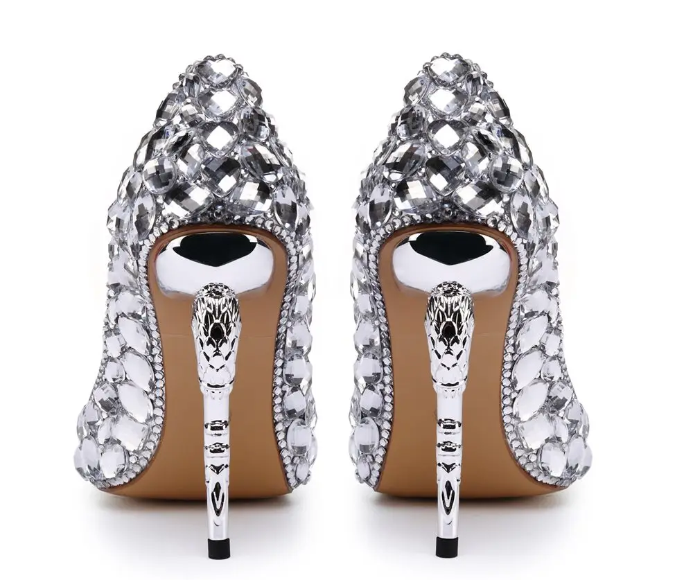 Женская обувь из натуральной кожи на высоком каблуке; серебристые женские свадебные туфли; Туфли-лодочки на необычном каблуке со стразами; коллекция года; Роскошная обувь для невесты
