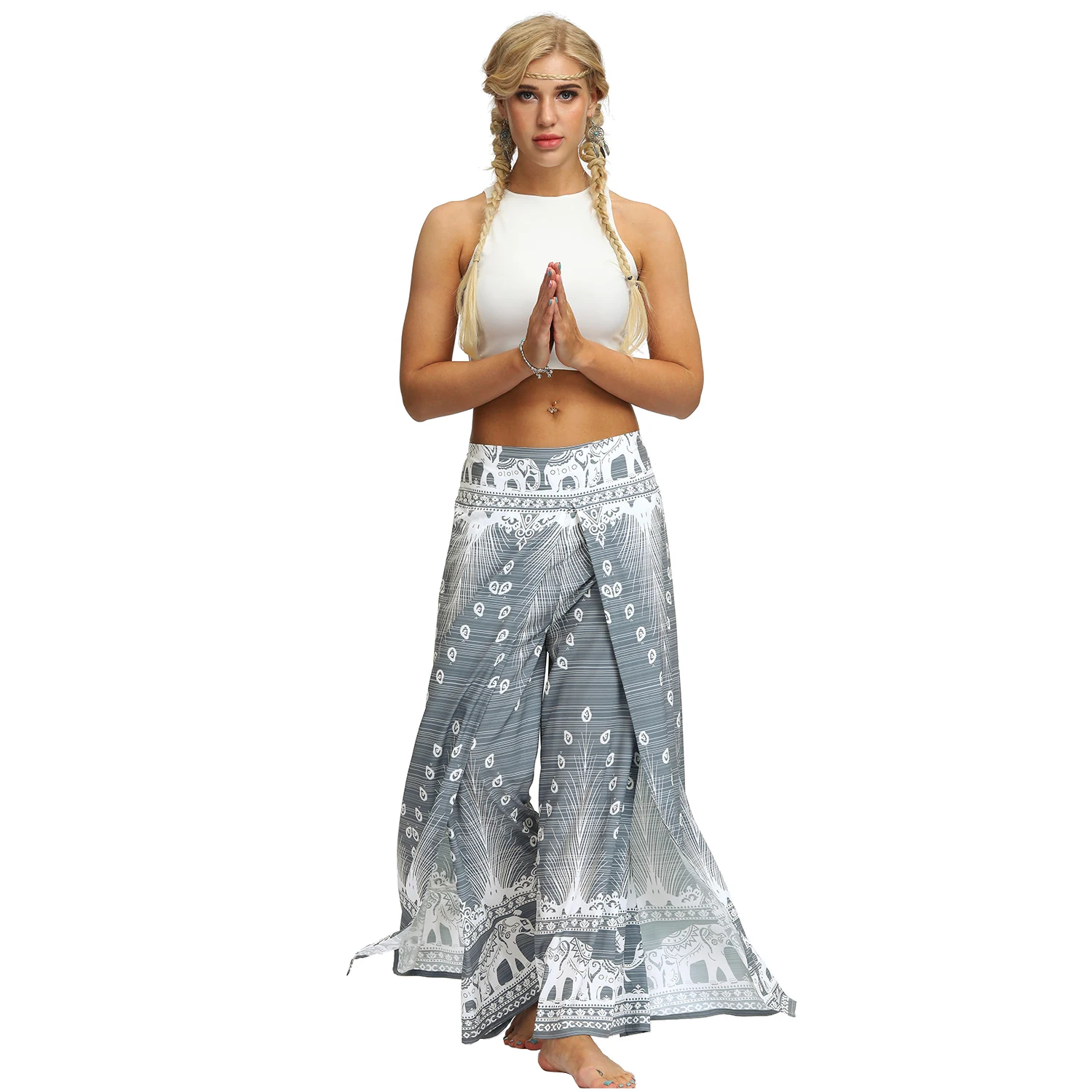 

Newest High Split Wide Leg Pants Women Summer Beach Boho Peacock Feather Printed Trouser Casual Long Pants