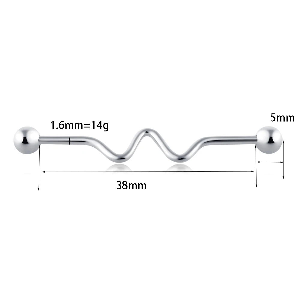 JUNLOPWY нержавеющая сталь 14 г пирсинг промышленные серьги-штанги ушной хрящ спирально-раковины 38 мм ухо бар для женщины мужчины - Окраска металла: NO. 2-- one piece