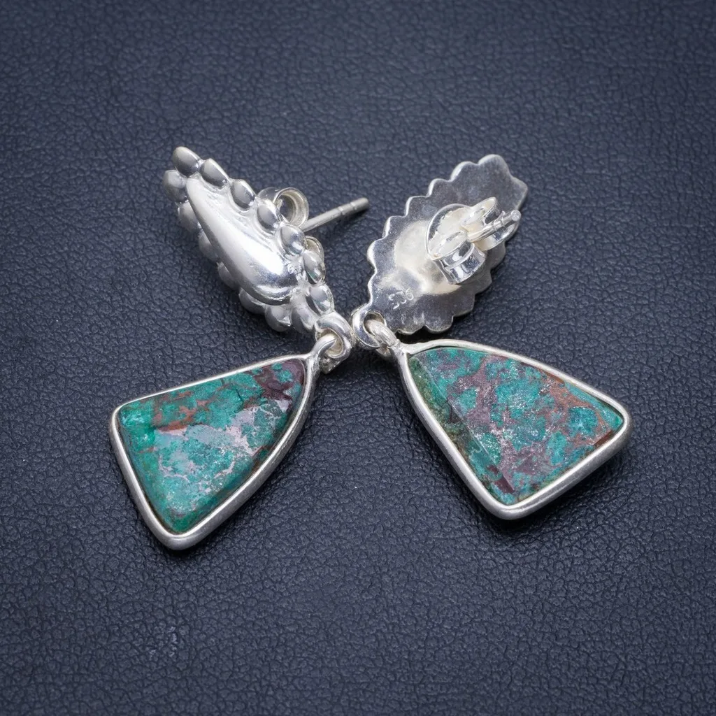 Natural Chrysocolla Handmade Unique 925 Sterling Silver Earrings 1.5" A1452