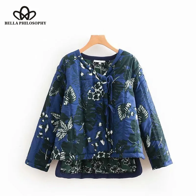 Wonder 2018 new autumn floral print lace up cotton padded jacket female long sleeve jacket ladies casual cardigan outwear Coat
