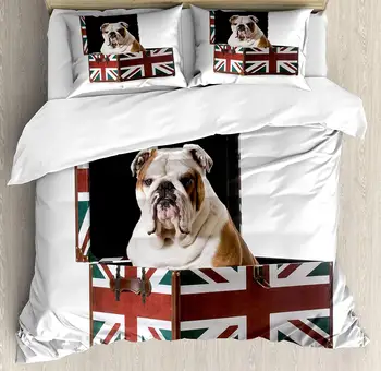 

English Bulldog Duvet Cover Set, Cute Bulldog Sitting in Union Jack Britain Themed Box Patriotic Design, 4 Piece Bedding Set