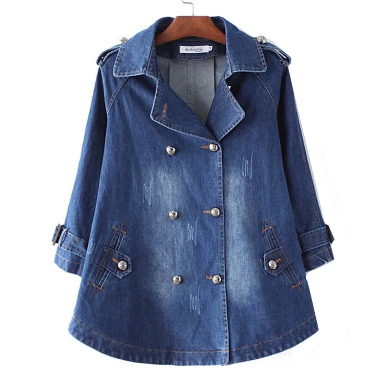 Korean-Loose-Denim-Cape-Coat-Female-Jacket-Double-Breasted-Suit-Colllar-Big-Size-Women-Windbreaker-A