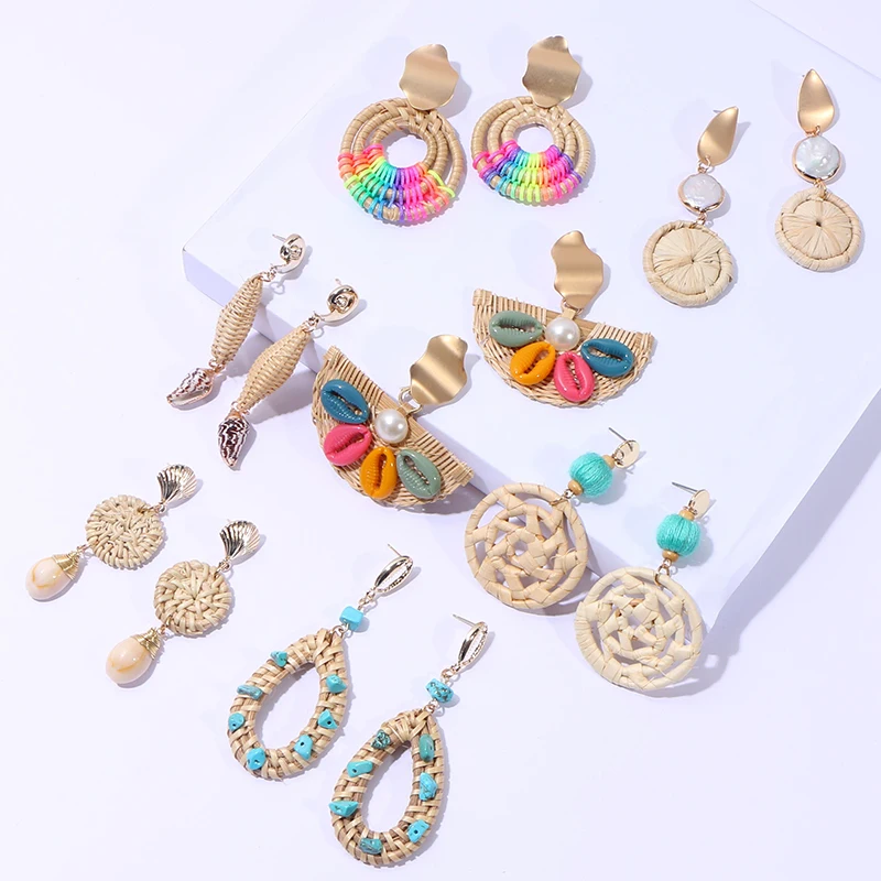 

KOMi Bohemia Handmade Colorful Geometric Rattan Straw Weave Shell Pearl Drop Earrings Fashion Casual Jewelry Gifts A20203
