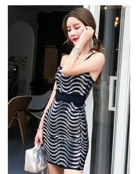 

New Style 2019 Summer Mini Dress Backless Sexy Elegant Sleeveless One-Shoulder Women Flash Sequin High Quality Dresses Wholesale