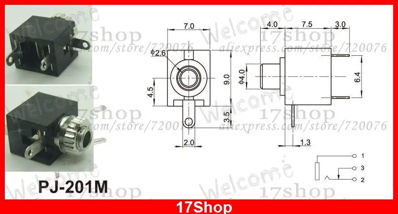 200PCS PJ 201M 3 pin 2 5mm Mono Jack Socket Panel Soldering for 2 5mm Headphones