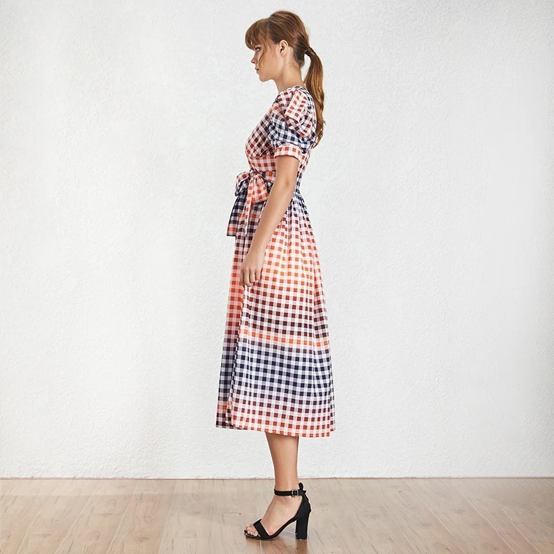 TWOTWINSTYLE-Casual-Hit-Color-Women-Dress-V-Neck-Puff-Sleeve-High-Waist-Lace-Up-Plaid-Long (1)