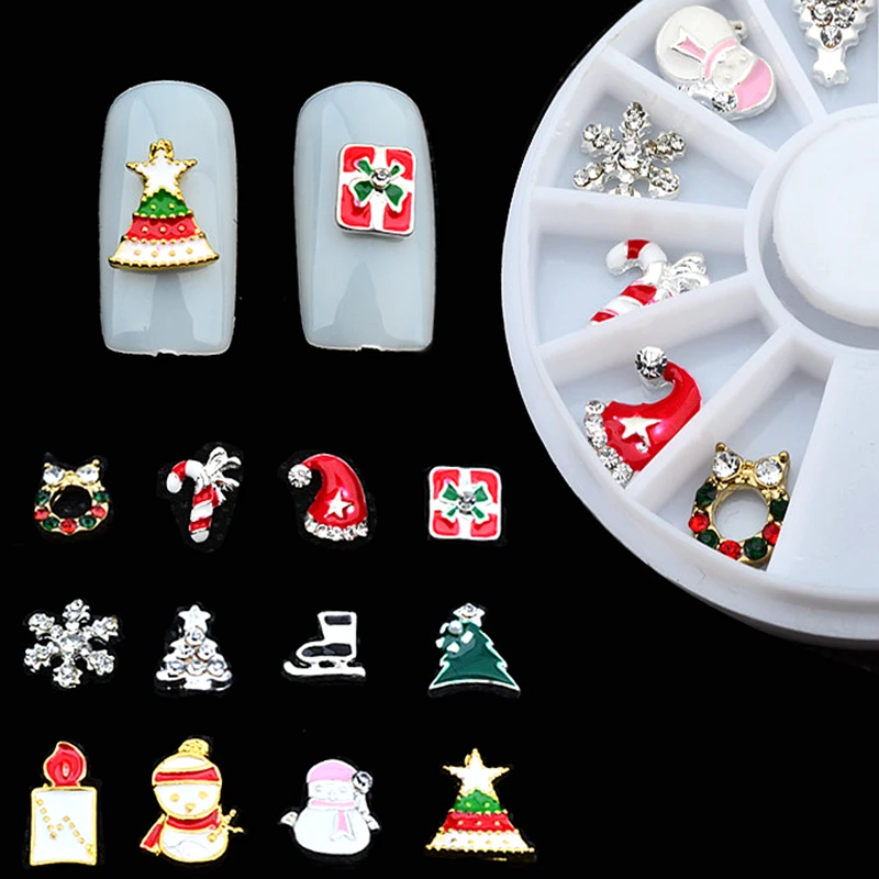 

Mixed Styles Metal Christmas Glitter 3D Nail Art Decorations Charms Wheel Fake Nails Accessoires Manicure Supplies Tool