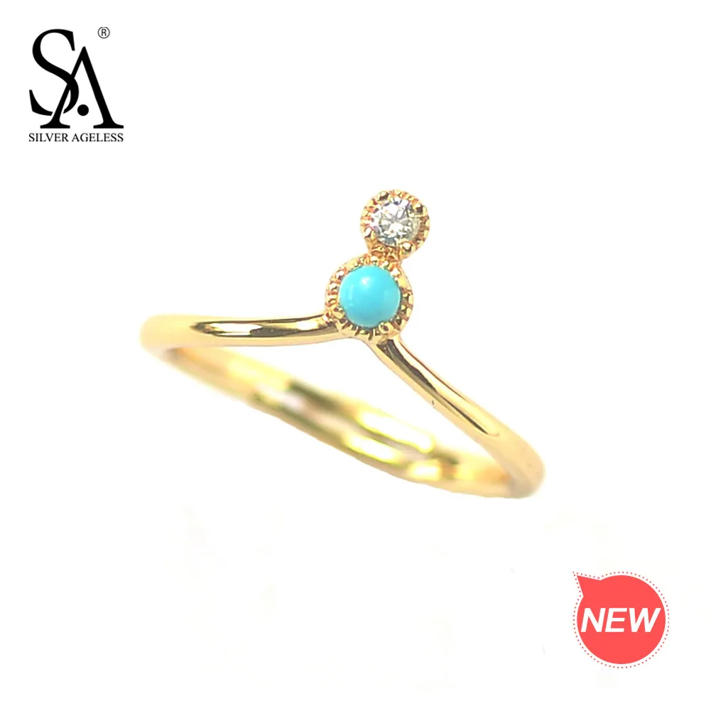 

SILVER AGELESS Authentic 925 Sterling Silver Natural Turquoise Crown Wedding Ring Zircon Adjustable 9K Yellow Gold Plated Ring