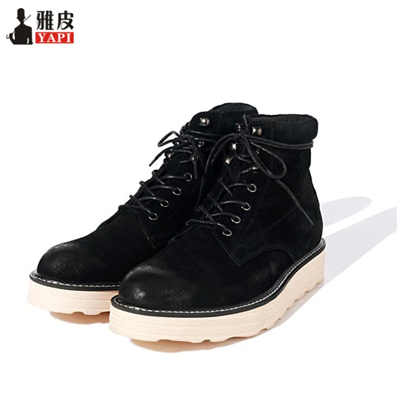 Мужские зимние ботинки из натуральной кожи высокого качества в стиле ретро; теплые зимние ботинки на шнуровке; обувь с высоким берцем для мальчиков - Цвет: Black