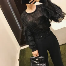 Tumblr топ из полиэстера с длинными оборками, однотонный, с круглым вырезом, с рукавом-бабочкой, Blusa, Новая женская рубашка с рукавом принцессы