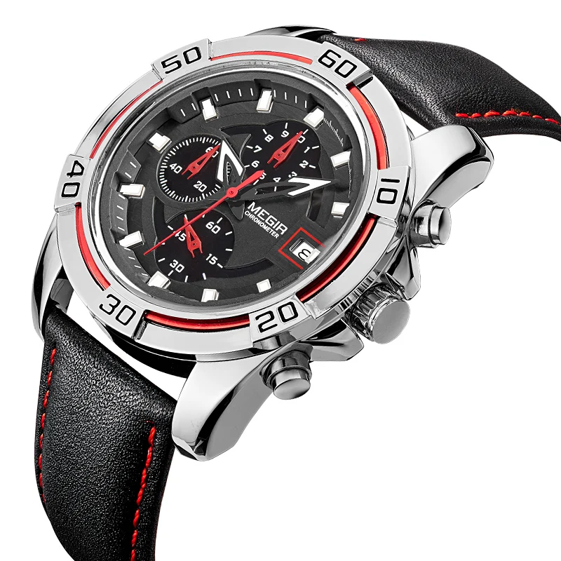

2019 Fashion MEGIR Top Brand Men Business Watch Luxury Leather Chronograph Quartz Military Wrist Watches Clock Relogio Masculino
