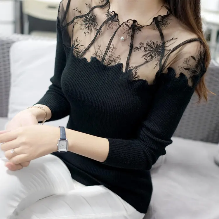 Sexy Slim Pullovers Female 2019 New Long Sleeve Gauze Lace Stitching Sweater Women Fashion Knitted Sweater Sueter Mujer (3)
