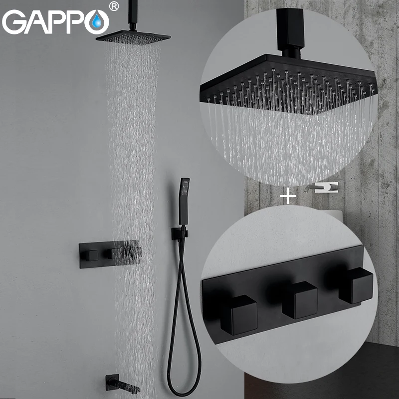 GAPPO Shower Faucets wall mounted black chrome shower set bathroom concealed brass shower mixer massage shower head waterfall   